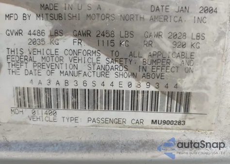 2004 Mitsubishi Galant Ls z USA, uszkodzony, nr VIN 4A3AB36S44E089344